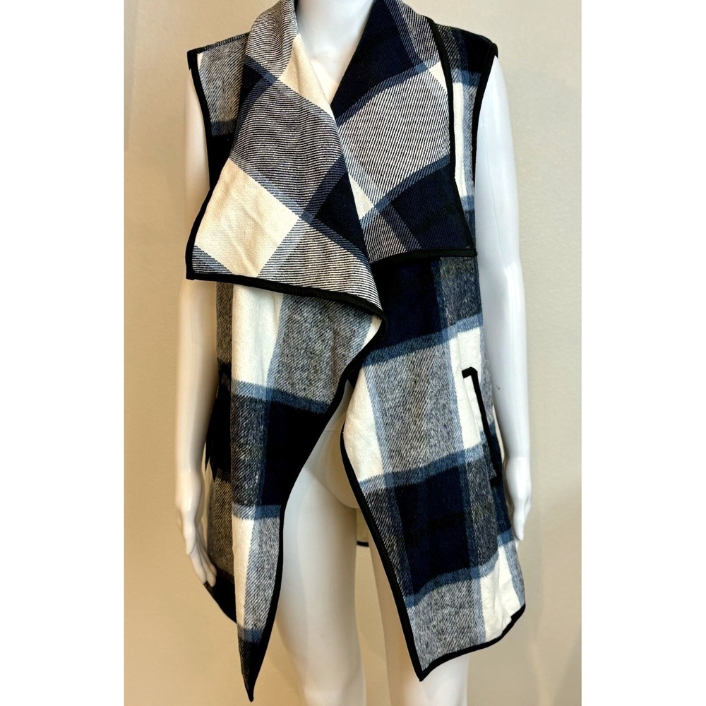 NWT  Yacun Womens XL Sleeveless Waterfall Vest Blue Cream Buffalo Plaid Pockets
